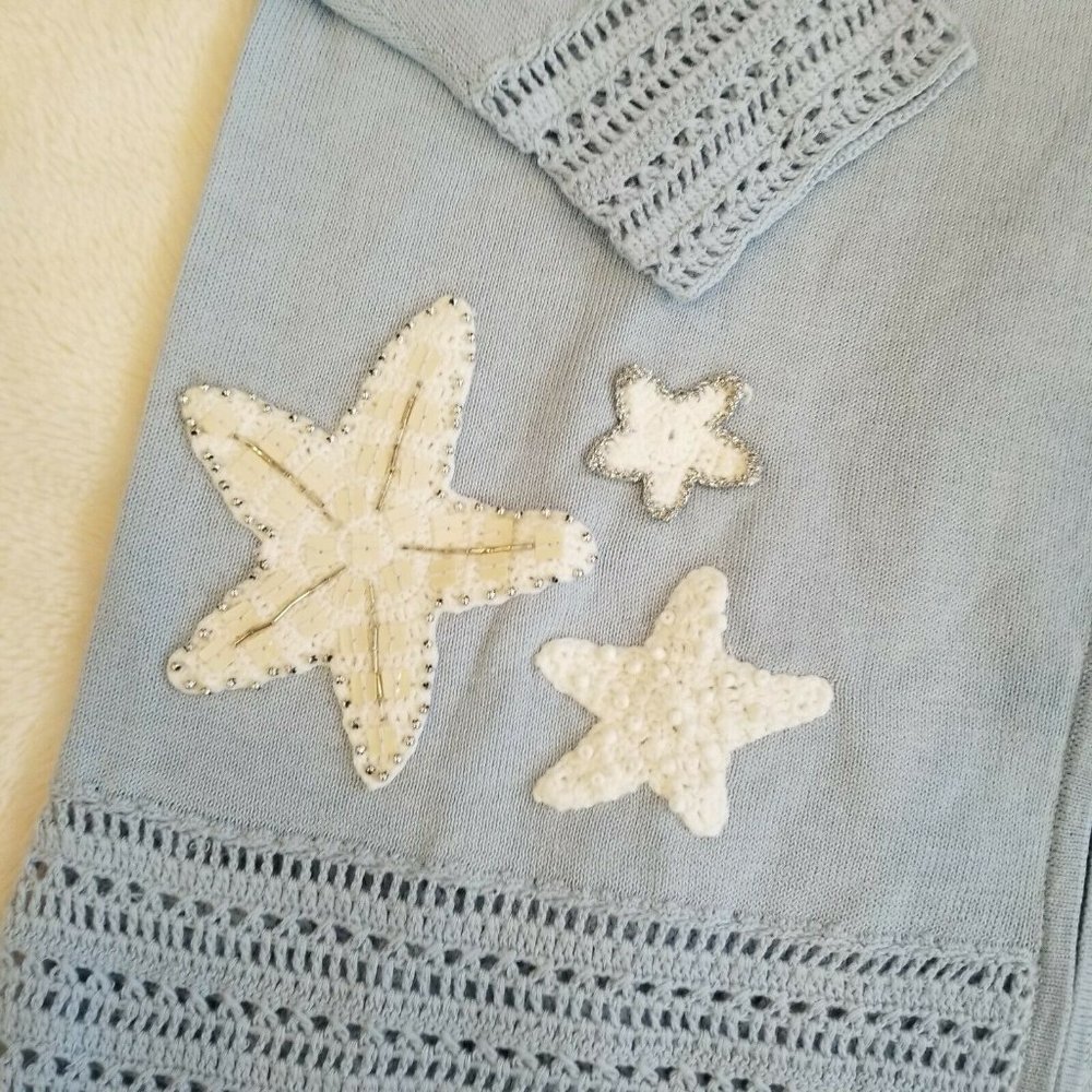 Vintage 90s Light Blue Cardigan Thin Full Zip Embellished Stars Nautical Sz L - Picture 6 of 10